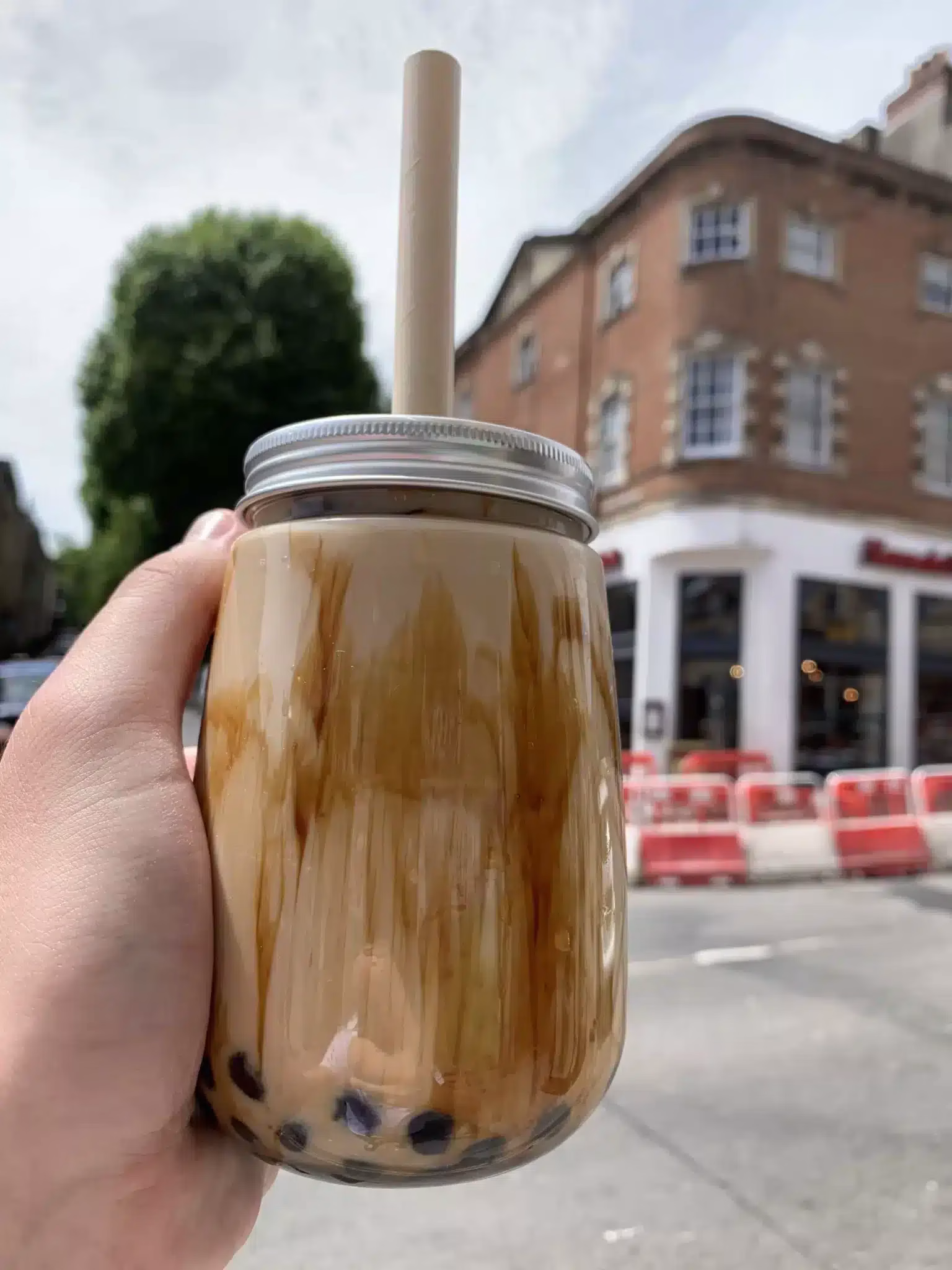 A traditional milk boba tea with tapioca pearls
