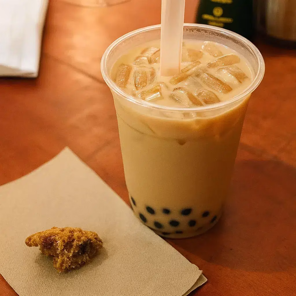 bubble tea on table next to cookie