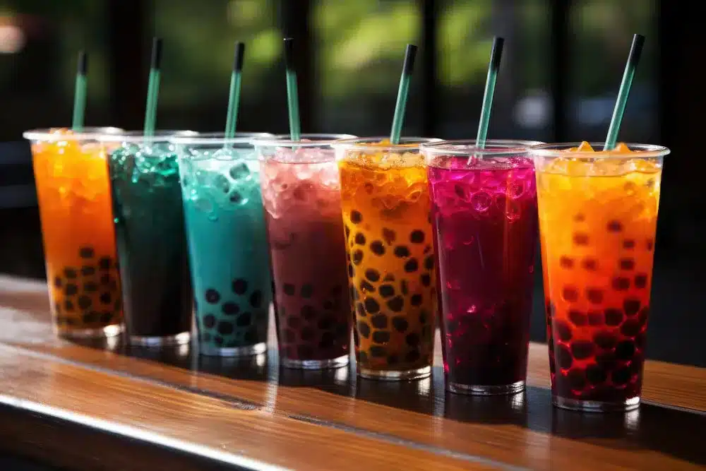 Boba Tea Assortment, Row of colourful Bubble Tea, Drinks of different colors