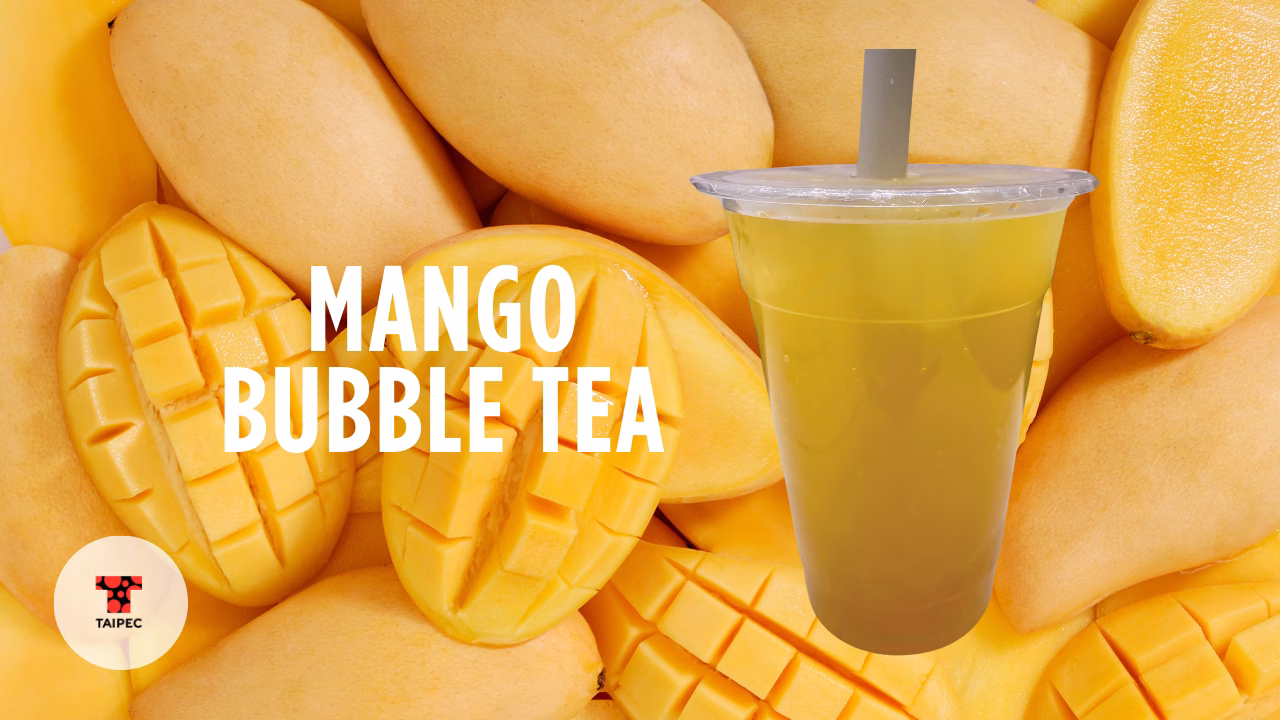 Mango bubble tea with sliced mango background