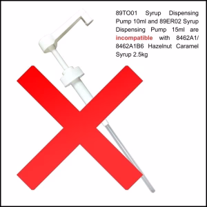89TO01 Syrup Dispensing Pump 10ml and 89ER02 Syrup Dispensing Pump 15ml are incompatible with 8462A1/ 8462A1B6 Hazelnut Caramel Syrup 2.5kg