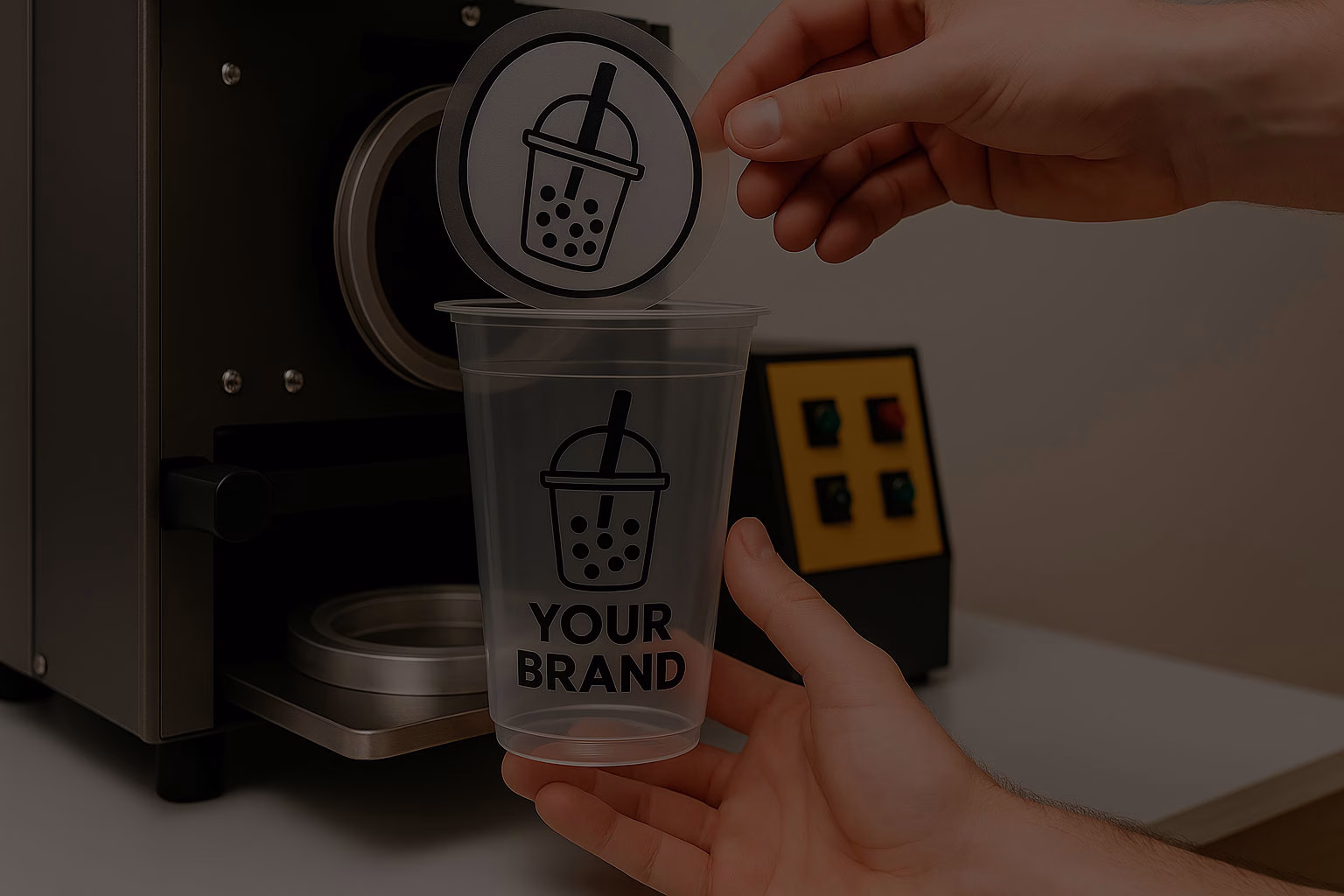 bubble tea cup next to machine