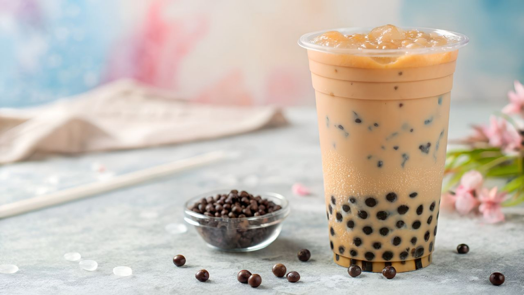 Iced milk tea with tapioca pearls.