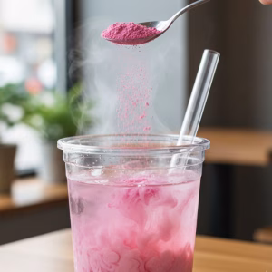 Strawberry flavoured powder is being sprinkled into a bubble tea cup