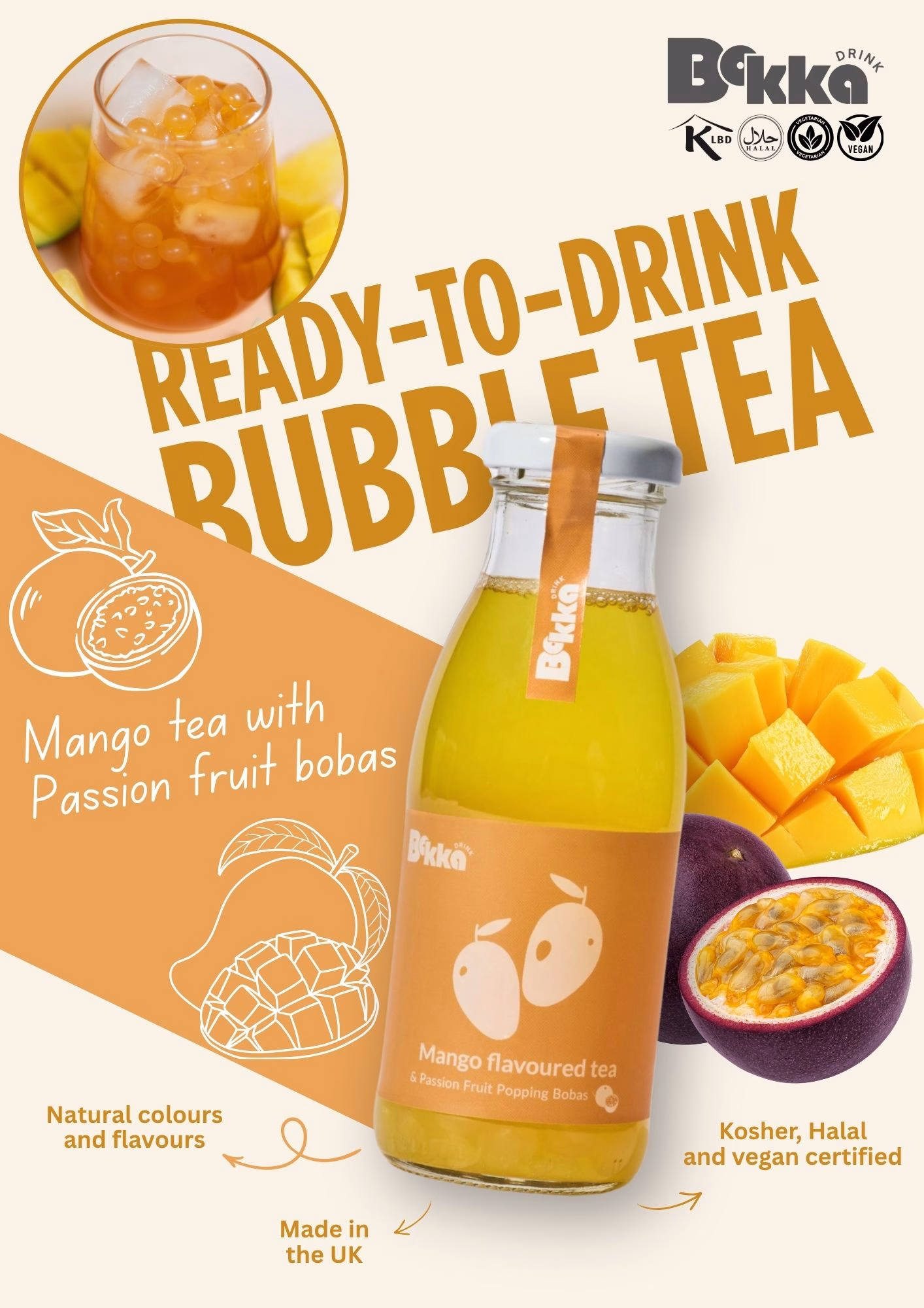 mango flavoured tea with passion fruit popping bobas
